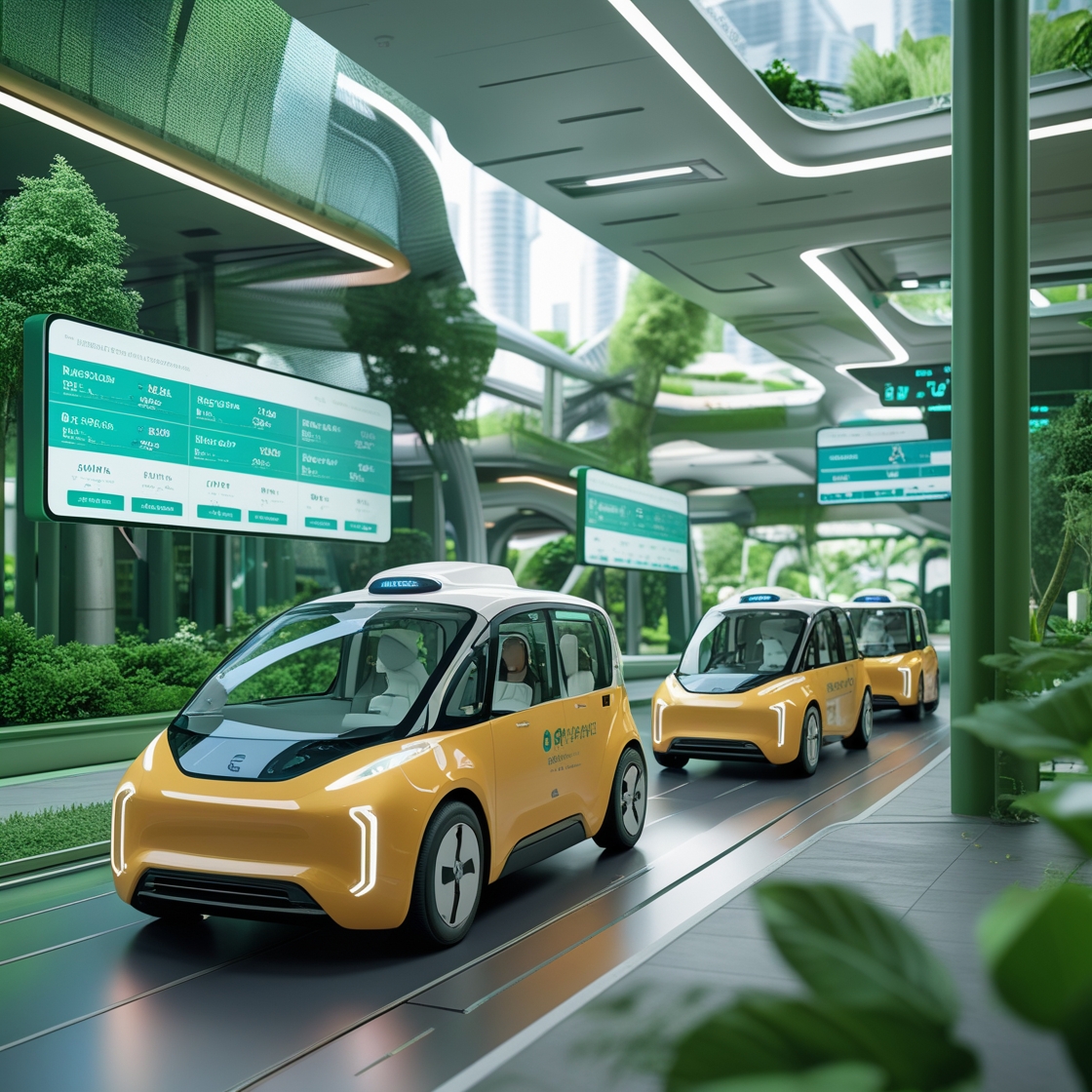 Futuristic urban mobility with autonomous taxis, shared electric shuttles, and eco-friendly cityscape displaying real-time transit data Futuristic urban mobility with autonomous taxis, shared electric shuttles, and eco-friendly cityscape displaying real-time transit data